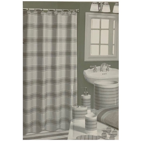 Striped Fabric Shower Curtain Ceramic Accessories 3 Pieces White Grey Tan Khaki - Picture 2 of 15